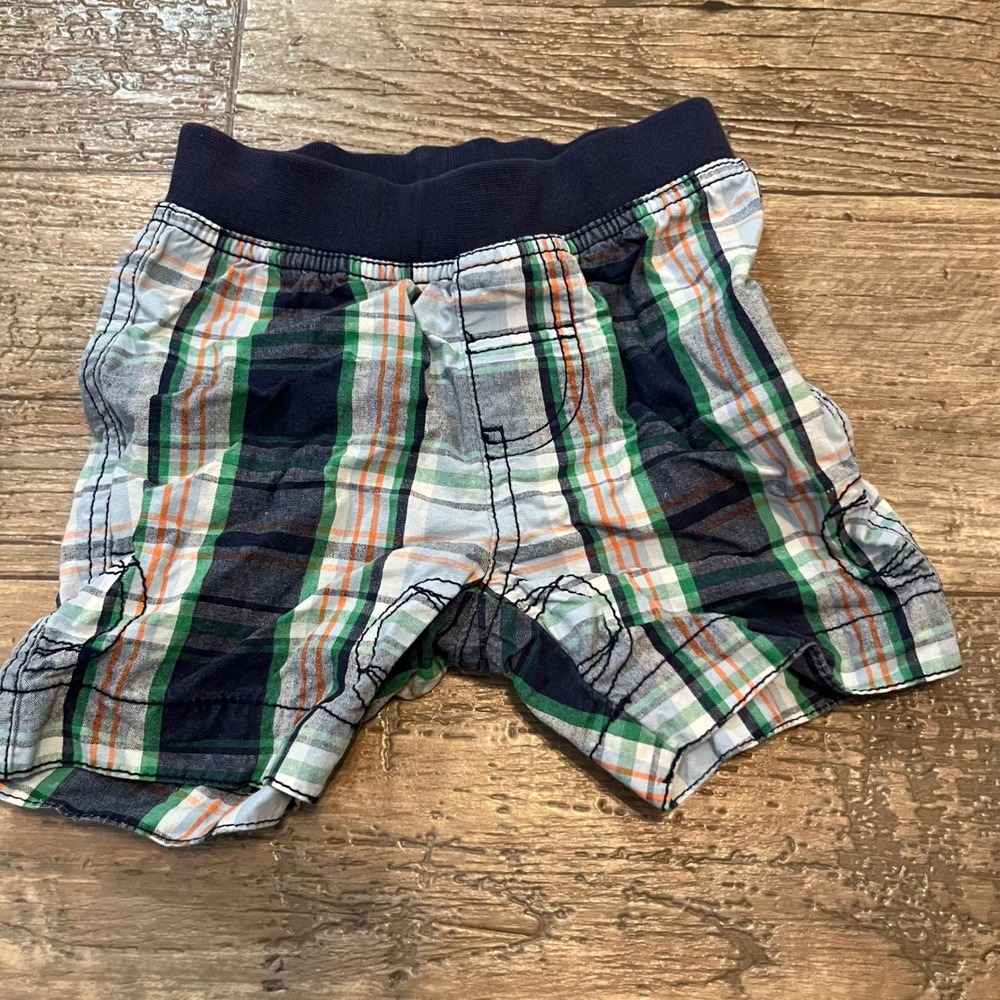 Hanna Andersson Kids Plaid Pull On Shorts Green Navy Orange Cotton Size 70 (6mo)